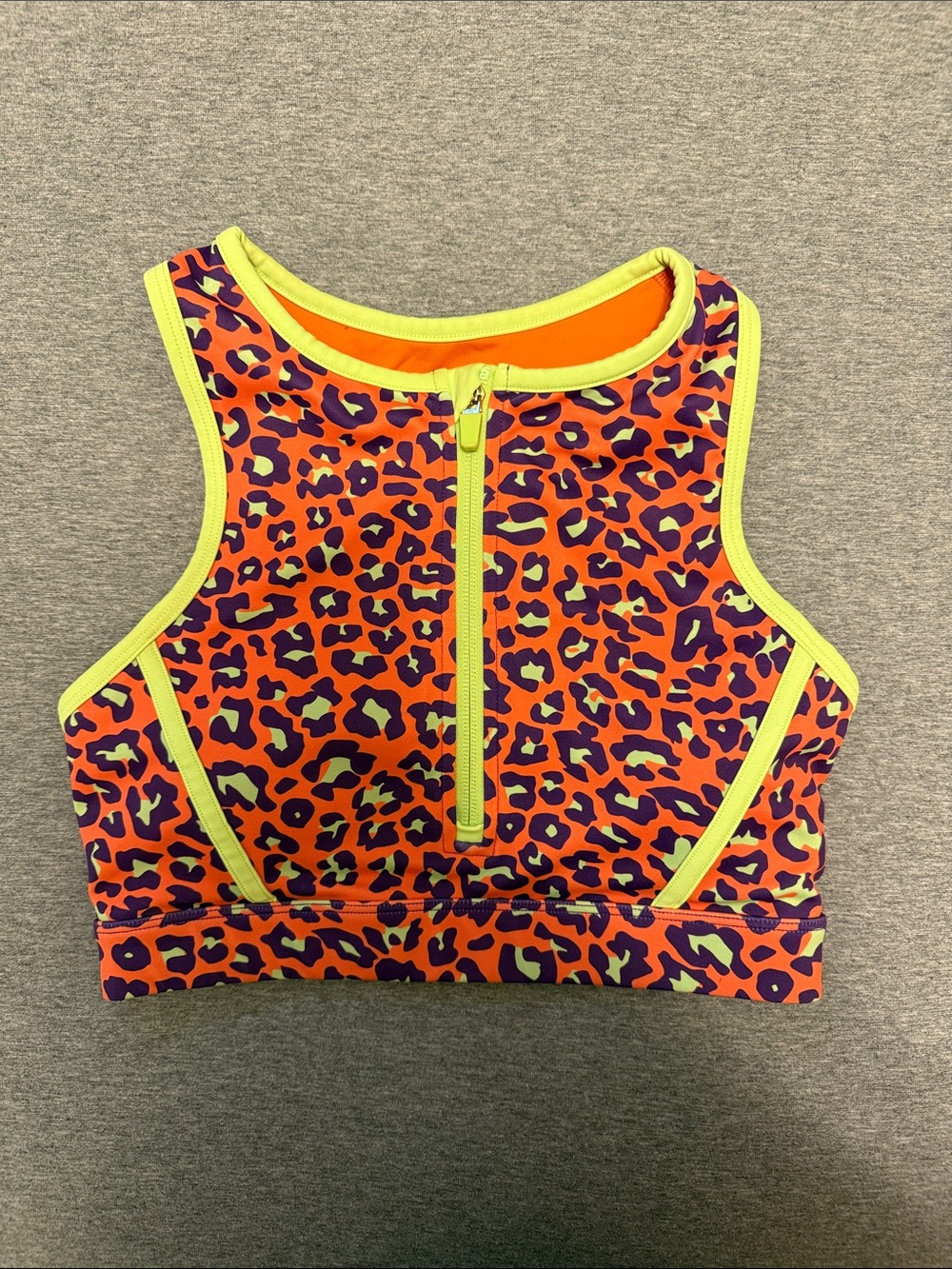 Girls Neon Orange Leopard Zip-Front Athletic top.